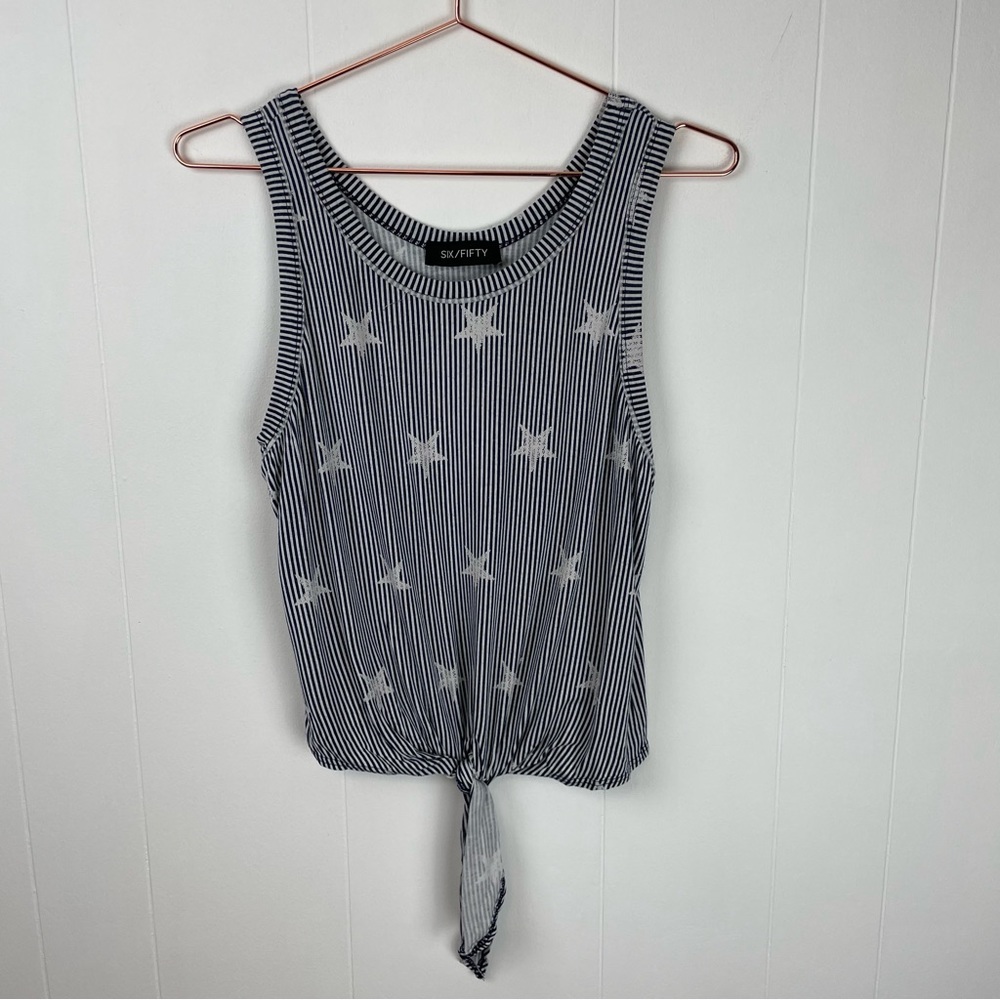Six/Fifty Navy Blue Striped Star Print Front-Tie Tank Top